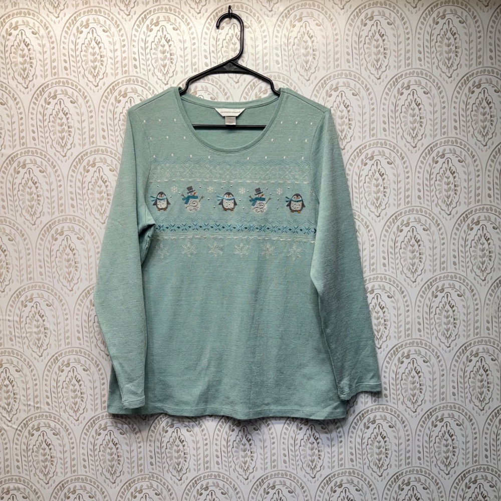 Christopher & Banks Top Womens Large Green Penguin Snowman Winter‎ Holiday Knit